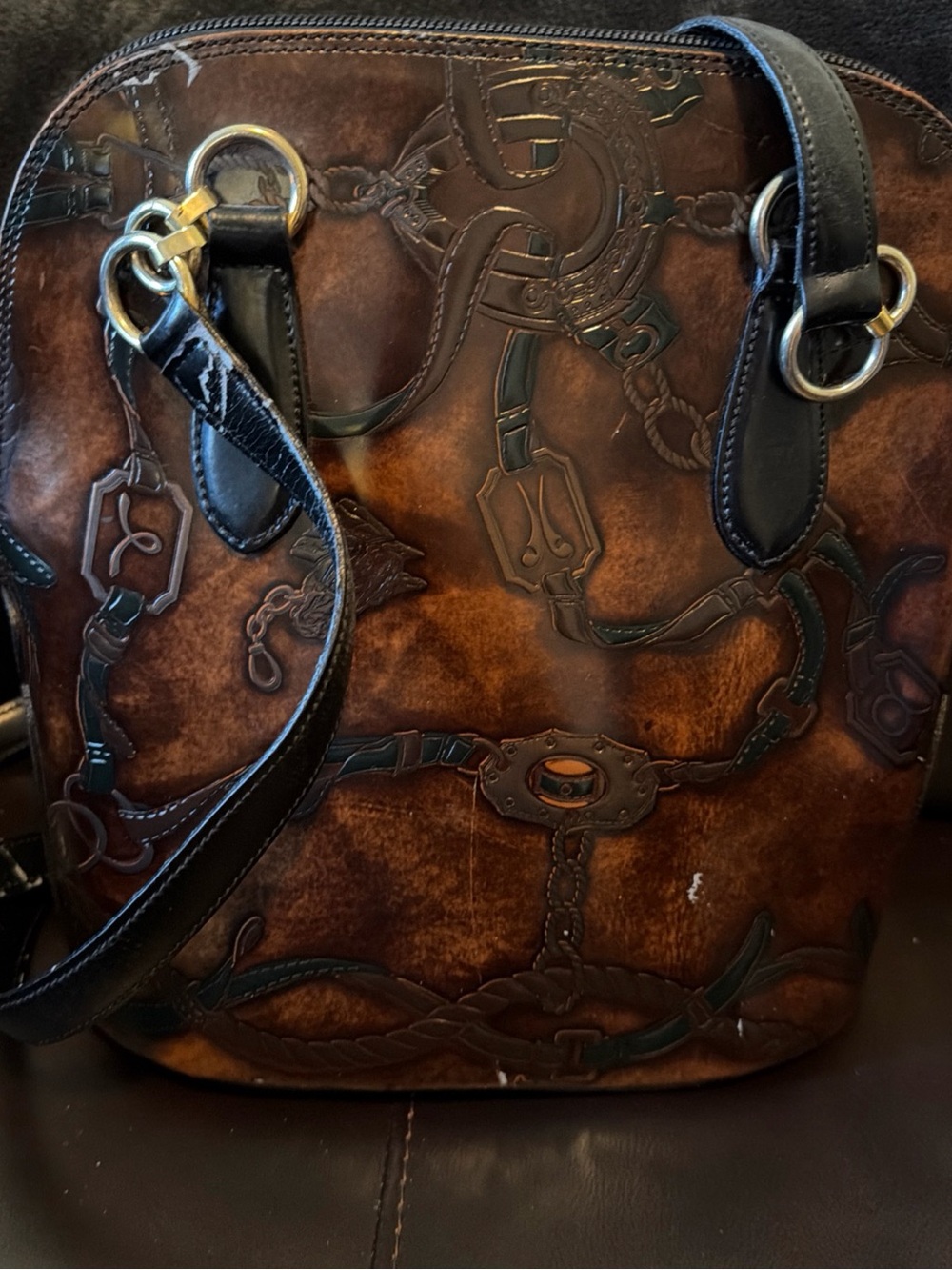 Vintage Made in Italy Equestrian Horse Print Leather Shoulder Bag